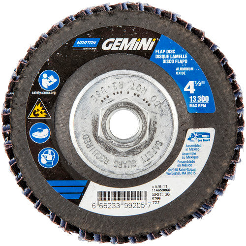 ‎4-1/2 × 5/8 - 11″ Gemini Fiberglass HD Flat Flap Disc Type 27 P36 Grit R766 Zirconia Alumina - Exact Tool & Supply