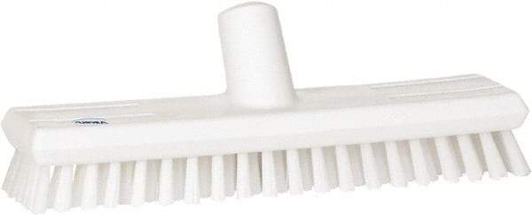 Vikan - 1" Bristle Length, Polyester Scrub Brush - 10-5/8" Long x 2-1/2" Wide Head, 11" OAL, European Threaded Handle, White, Polypropylene Block - Exact Tool & Supply