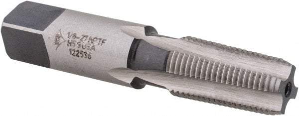 Made in USA - 1/8-27 NPTF Thread, 4 Flute Standard Pipe Tap - 2-1/8" OAL, 3/4" Thread Length, 7/16" Shank Diam, Bright Finish, High Speed Steel - Exact Tool & Supply