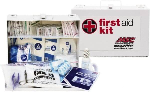 Medique - 150 Piece, 25 Person, Industrial First Aid Kit - 11" Wide x 7-1/2" Deep x 2-1/2" High, Metal Case - Exact Tool & Supply