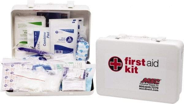 Medique - 100 Piece, 10 Person, Industrial First Aid Kit - 11" Wide x 7-1/2" Deep x 2-1/2" High, Metal Case - Exact Tool & Supply