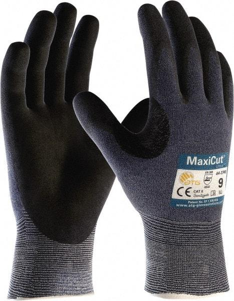 ATG - Size XS (6), ANSI Cut Lvl A3, Puncture Lvl 2, Abrasion Lvl 4, Nitrile Coated Nylon/Spandex Cut Resistant Gloves - Palm & Fingers Coated, Knit Wrist, Blue/Black, Paired - Exact Tool & Supply