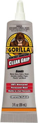 Gorilla Glue - 3 oz Tube Clear Contact Adhesive - 1 to 5 min Working Time, 24 hr Full Cure Time, Bonds to Masonry, Ceramic, Concrete, Fabric, Glass, Leather, Metal, Paper, Rubber, Velcro & Wood - Exact Tool & Supply
