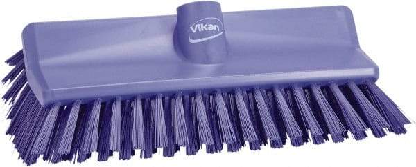 Vikan - 1-1/2" Bristle Length, Polyester Scrub Brush - 10" Long x 5-1/2" Wide Head, 10-25/64" OAL, European Threaded Handle, Purple, Polypropylene Block - Exact Tool & Supply