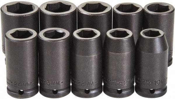 Proto - 10 Piece 3/4" Drive Black Finish Deep Well Impact Socket Set - 6 Points, 19mm to 33mm Range, Metric Measurement Standard - Exact Tool & Supply