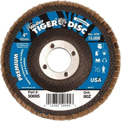 Weiler - 80 Grit, 4" Disc Diam, 5/8" Center Hole, Type 27 Zirconia Alumina Flap Disc - 15,000 Max RPM, Phenolic Backing, Arbor Attaching System, Coated - Exact Tool & Supply