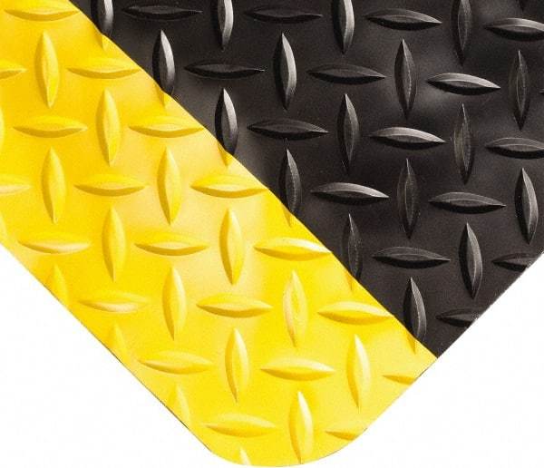Wearwell - 15' Long x 2' Wide, Dry Environment, Anti-Fatigue Matting - Black with Yellow Borders, Vinyl with Nitrile Blend Base, Beveled on 4 Sides - Exact Tool & Supply