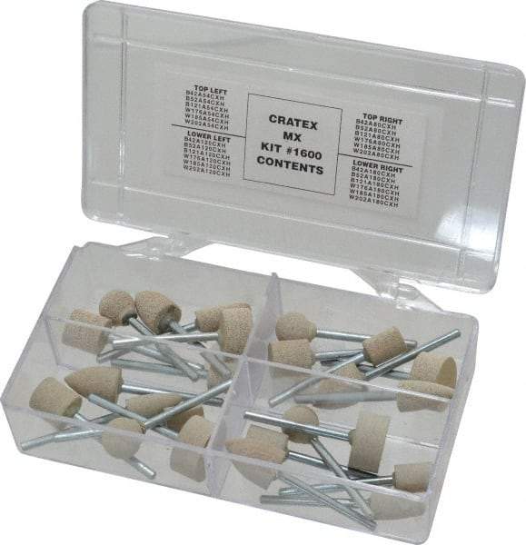 Cratex - 28 Piece Rubber Mounted Abrasive Wheel Set - Includes Shapes B121, B42, B52, W176, W185 & W202 - Exact Tool & Supply