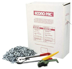 Value Collection - 9,000 Inch Long x 1/2 Inch Wide x 0.015 Inch Thick, Heavy Duty Polyproylene Strapping Kit - 400 Lbs Tensile Strength, Contains Self Dispensing Box, White Polypropylene Strapping, 1000 Seals, Tensioner Tool and Crimper Tool - Exact Tool & Supply
