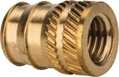 E-Z LOK - 1/4-28, 0.321" Small to 0.363" Large End Hole Diam, Brass Double Vane Tapered Hole Threaded Insert - 3/8" Insert, 0.332" Pilot Diam, 1/2" OAL, 0.194" Min Wall Thickness - Exact Tool & Supply