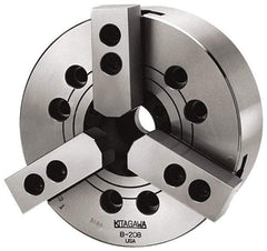 Kitagawa - 3 Jaws, 6" Chuck Diam, Plain Back Mount, 1.7717" Through Hole, Drawbar, Hydraulic Power Lathe Chuck - 12,555 Lb Force per Jaw, 1.5mm x 60 Serrated Jaw Interface, 16mm to 169mm Jaw Capacity, 6,000 RPM, High Speed Steel Body - Exact Tool & Supply
