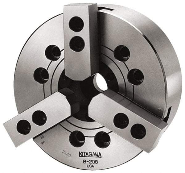 Kitagawa - 2 Jaws, 12" Chuck Diam, Plain Back Mount, 3.5827" Through Hole, Drawbar, Hydraulic Power Lathe Chuck - 31,718 Lb Force per Jaw, 1.5mm x 60 Serrated Jaw Interface, 34mm to 304mm Jaw Capacity, 3,300 RPM, High Speed Steel Body - Exact Tool & Supply