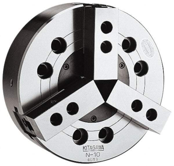 Kitagawa - 3 Jaws, 8" Chuck Diam, Plain Back Mount, Drawbar, Air, Hydraulic Power Lathe Chuck - 16,826 Lb Force per Jaw, 1.5mm x 60 Serrated Jaw Interface, 23mm to 210mm Jaw Capacity, 4,760 RPM, Steel Body - Exact Tool & Supply