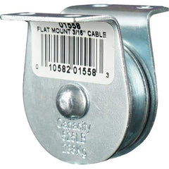 Block Division - 525 Lbs. Load Limit, Flat Standard Block - Upright Mount, Single Sheave, 1-1/2 Inch Outside Diameter, Wire Rope, 3/16 Inch Diameter, Eye, 5/8 Inch Inside Diameter, Carbon Steel, Zinc Plated Finish - Exact Tool & Supply