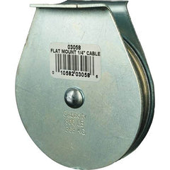 Block Division - 800 Lbs. Load Limit, Flat Standard Block - Upright Mount, Single Sheave, 3 Inch Outside Diameter, Wire Rope, 1/4 Inch Diameter, Eye, 7/8 Inch Inside Diameter, Carbon Steel, Zinc Plated Finish - Exact Tool & Supply