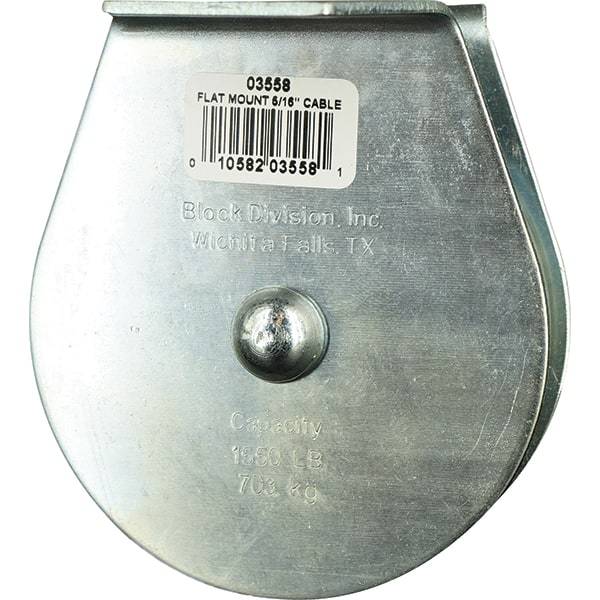 Block Division - 1, 550 Lbs. Load Limit, Flat Standard Block - Upright Mount, Single Sheave, 3-1/2 Inch Outside Diameter, Wire Rope, 5/16 Inch Diameter, Eye, 1-3/16 Inch Inside Diameter, Carbon Steel, Zinc Plated Finish - Exact Tool & Supply