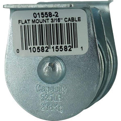 Block Division - 525 Lbs. Load Limit, Flat Standard Block - Upright Mount, Double Sheave, 1-1/2 Inch Outside Diameter, Wire Rope, 3/16 Inch Diameter, Eye, 5/8 Inch Inside Diameter, Carbon Steel, Zinc Plated Finish - Exact Tool & Supply