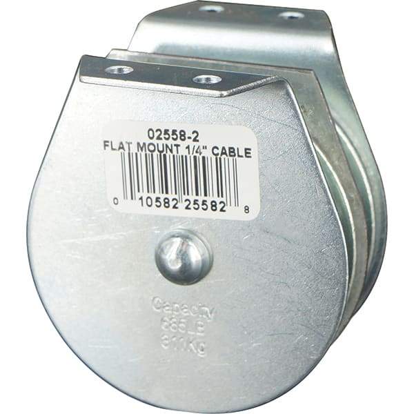 Block Division - 685 Lbs. Load Limit, Flat Standard Block - Upright Mount, Double Sheave, 2-1/2 Inch Outside Diameter, Wire Rope, 1/4 Inch Diameter, Eye, 7/8 Inch Inside Diameter, Carbon Steel, Zinc Plated Finish - Exact Tool & Supply