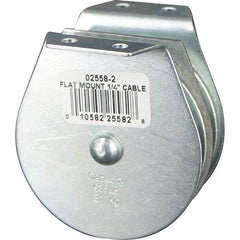 Block Division - 685 Lbs. Load Limit, Flat Standard Block - Upright Mount, Double Sheave, 2-1/2 Inch Outside Diameter, Wire Rope, 1/4 Inch Diameter, Eye, 7/8 Inch Inside Diameter, Carbon Steel, Zinc Plated Finish - Exact Tool & Supply