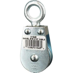 Block Division - 525 Lbs. Load Limit, Swivel Eye Standard Block - Single Sheave, 1-1/2 Inch Outside Diameter, Wire Rope, 3/16 Inch Diameter, Eye, 5/8 Inch Inside Diameter, Carbon Steel, Zinc Plated Finish - Exact Tool & Supply