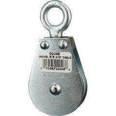 Block Division - 600 Lbs. Load Limit, Swivel Eye Standard Block - Single Sheave, 2 Inch Outside Diameter, Wire Rope, 3/16 Inch Diameter, Eye, 5/8 Inch Inside Diameter, Carbon Steel, Zinc Plated Finish - Exact Tool & Supply