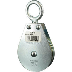 Block Division - 685 Lbs. Load Limit, Swivel Eye Standard Block - Single Sheave, 2-1/2 Inch Outside Diameter, Wire Rope, 1/4 Inch Diameter, Eye, 7/8 Inch Inside Diameter, Carbon Steel, Zinc Plated Finish - Exact Tool & Supply