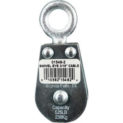 Block Division - 525 Lbs. Load Limit, Swivel Eye Standard Block - Double Sheave, 1-1/2 Inch Outside Diameter, Wire Rope, 3/16 Inch Diameter, Eye, 5/8 Inch Inside Diameter, Carbon Steel, Zinc Plated Finish - Exact Tool & Supply