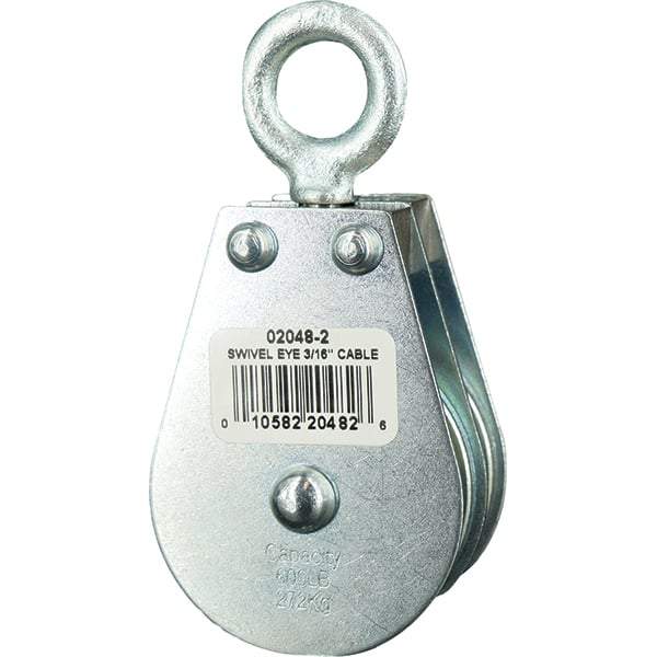 Block Division - 600 Lbs. Load Limit, Swivel Eye Standard Block - Double Sheave, 2 Inch Outside Diameter, Wire Rope, 3/16 Inch Diameter, Eye, 5/8 Inch Inside Diameter, Carbon Steel, Zinc Plated Finish - Exact Tool & Supply