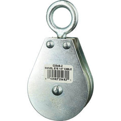 Block Division - 685 Lbs. Load Limit, Swivel Eye Standard Block - Double Sheave, 2-1/2 Inch Outside Diameter, Wire Rope, 1/4 Inch Diameter, Eye, 7/8 Inch Inside Diameter, Carbon Steel, Zinc Plated Finish - Exact Tool & Supply
