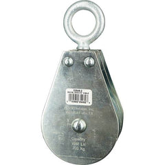 Block Division - 1, 550 Lbs. Load Limit, Swivel Eye Standard Block - Double Sheave, 3-1/2 Inch Outside Diameter, Wire Rope, 5/16 Inch Diameter, Eye, 1-3/16 Inch Inside Diameter, Carbon Steel, Zinc Plated Finish - Exact Tool & Supply