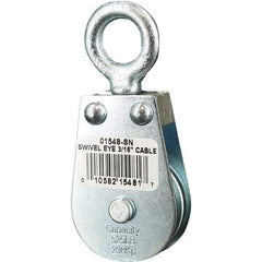 Block Division - 525 Lbs. Load Limit, Swivel Eye Snatch Block - Single Sheave, 1-1/2 Inch Outside Diameter, Wire Rope, 3/16 Inch Diameter, Eye, 5/8 Inch Inside Diameter, Carbon Steel, Zinc Plated Finish - Exact Tool & Supply