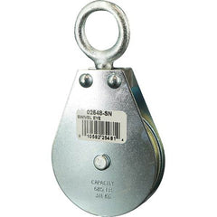 Block Division - 685 Lbs. Load Limit, Swivel Eye Snatch Block - Single Sheave, 2-1/2 Inch Outside Diameter, Wire Rope, 1/4 Inch Diameter, Eye, 7/8 Inch Inside Diameter, Carbon Steel, Zinc Plated Finish - Exact Tool & Supply