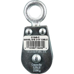 Block Division - 525 Lbs. Load Limit, Swivel Eye Snatch Block - Double Sheave, 1-5/8 Inch Outside Diameter, Wire Rope, 3/16 Inch Diameter, Eye, 5/8 Inch Inside Diameter, Carbon Steel, Zinc Plated Finish - Exact Tool & Supply
