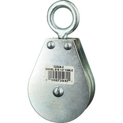 Block Division - 685 Lbs. Load Limit, Swivel Eye Snatch Block - Double Sheave, 2-1/2 Inch Outside Diameter, Wire Rope, 1/4 Inch Diameter, Eye, 7/8 Inch Inside Diameter, Carbon Steel, Zinc Plated Finish - Exact Tool & Supply