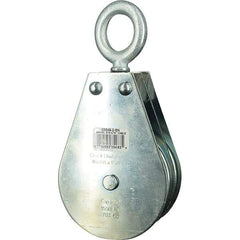Block Division - 1, 550 Lbs. Load Limit, Swivel Eye Snatch Block - Double Sheave, 3-3/4 Inch Outside Diameter, Wire Rope, 5/16 Inch Diameter, Eye, 1-3/16 Inch Inside Diameter, Carbon Steel, Zinc Plated Finish - Exact Tool & Supply
