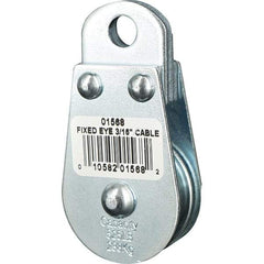 Block Division - 525 Lbs. Load Limit, Rigid Eye Block - Single Sheave, 1-1/2 Inch Outside Diameter, Wire Rope, 3/16 Inch Diameter, Eye, 3/8 Inch Inside Diameter, Carbon Steel, Zinc Plated Finish - Exact Tool & Supply