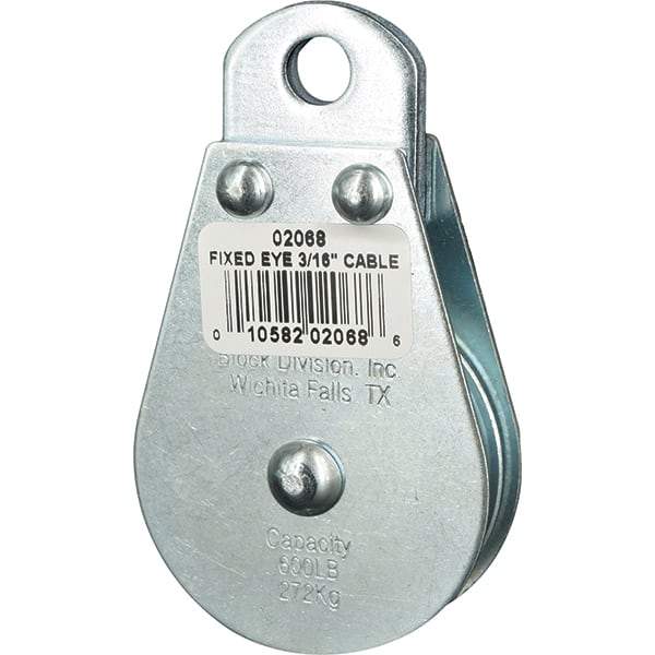 Block Division - 600 Lbs. Load Limit, Rigid Eye Block - Single Sheave, 2 Inch Outside Diameter, Wire Rope, 3/16 Inch Diameter, Eye, 3/8 Inch Inside Diameter, Carbon Steel, Zinc Plated Finish - Exact Tool & Supply