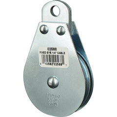 Block Division - 685 Lbs. Load Limit, Rigid Eye Block - Single Sheave, 2-1/2 Inch Outside Diameter, Wire Rope, 1/4 Inch Diameter, Eye, 3/8 Inch Inside Diameter, Carbon Steel, Zinc Plated Finish - Exact Tool & Supply