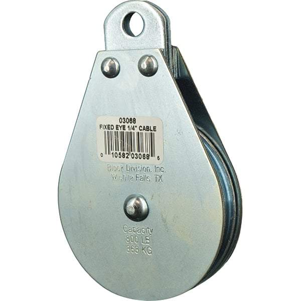 Block Division - 800 Lbs. Load Limit, Rigid Eye Block - Single Sheave, 3 Inch Outside Diameter, Wire Rope, 1/4 Inch Diameter, Eye, 3/8 Inch Inside Diameter, Carbon Steel, Zinc Plated Finish - Exact Tool & Supply