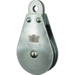 Block Division - 1, 550 Lbs. Load Limit, Rigid Eye Block - Single Sheave, 3-1/2 Inch Outside Diameter, Wire Rope, 5/16 Inch Diameter, Eye, 9/16 Inch Inside Diameter, Carbon Steel, Zinc Plated Finish - Exact Tool & Supply