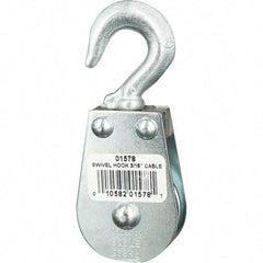 Block Division - 525 Lbs. Load Limit, Swivel Hook Block - Single Sheave, 1-1/2 Inch Outside Diameter, Wire Rope, 3/16 Inch Diameter, Eye, 3/8 Inch Inside Diameter, Carbon Steel, Zinc Plated Finish - Exact Tool & Supply