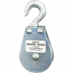 Block Division - 600 Lbs. Load Limit, Swivel Hook Block - Single Sheave, 2 Inch Outside Diameter, Wire Rope, 3/16 Inch Diameter, Eye, 3/8 Inch Inside Diameter, Carbon Steel, Zinc Plated Finish - Exact Tool & Supply