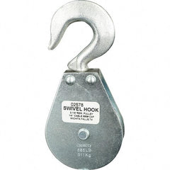Block Division - 685 Lbs. Load Limit, Swivel Hook Block - Single Sheave, 2-1/2 Inch Outside Diameter, Wire Rope, 1/4 Inch Diameter, Eye, 3/8 Inch Inside Diameter, Carbon Steel, Zinc Plated Finish - Exact Tool & Supply