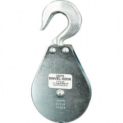 Block Division - 800 Lbs. Load Limit, Swivel Hook Block - Single Sheave, 3 Inch Outside Diameter, Wire Rope, 1/4 Inch Diameter, Eye, 3/8 Inch Inside Diameter, Carbon Steel, Zinc Plated Finish - Exact Tool & Supply