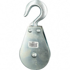 Block Division - 1, 550 Lbs. Load Limit, Swivel Hook Block - Single Sheave, 3-1/2 Inch Outside Diameter, Wire Rope, 5/16 Inch Diameter, Eye, 9/16 Inch Inside Diameter, Carbon Steel, Zinc Plated Finish - Exact Tool & Supply