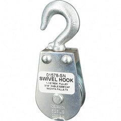 Block Division - 525 Lbs. Load Limit, Swivel Hook Block - Single Sheave, 1-5/8 Inch Outside Diameter, Wire Rope, 3/16 Inch Diameter, Eye, 3/8 Inch Inside Diameter, Carbon Steel, Zinc Plated Finish - Exact Tool & Supply