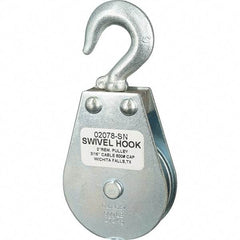 Block Division - 600 Lbs. Load Limit, Swivel Hook Block - Single Sheave, 2-1/8 Inch Outside Diameter, Wire Rope, 3/16 Inch Diameter, Eye, 3/8 Inch Inside Diameter, Carbon Steel, Zinc Plated Finish - Exact Tool & Supply