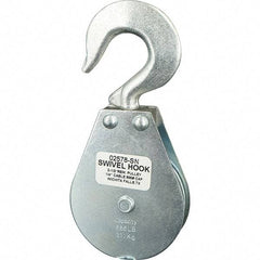 Block Division - 685 Lbs. Load Limit, Swivel Hook Block - Single Sheave, 2-5/8 Inch Outside Diameter, Wire Rope, 1/4 Inch Diameter, Eye, 3/8 Inch Inside Diameter, Carbon Steel, Zinc Plated Finish - Exact Tool & Supply