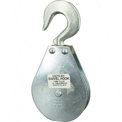 Block Division - 800 Lbs. Load Limit, Swivel Hook Block - Single Sheave, 3-1/8 Inch Outside Diameter, Wire Rope, 1/4 Inch Diameter, Eye, 3/8 Inch Inside Diameter, Carbon Steel, Zinc Plated Finish - Exact Tool & Supply