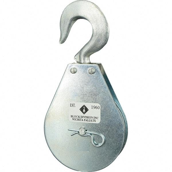 Block Division - 1, 550 Lbs. Load Limit, Swivel Hook Block - Single Sheave, 3-3/4 Inch Outside Diameter, Wire Rope, 5/16 Inch Diameter, Eye, 9/16 Inch Inside Diameter, Carbon Steel, Zinc Plated Finish - Exact Tool & Supply